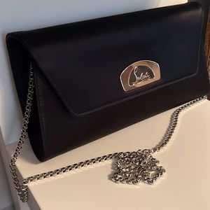 Louboutin vero dodat clutch black satin silver chain logo evening bag